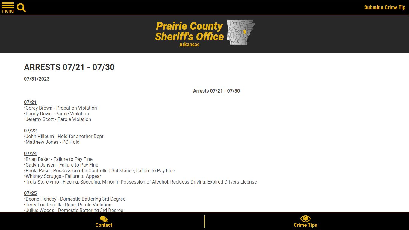 ARRESTS 07/21 - 07/30 (07/31/2023) - Press Releases - Prairie County ...