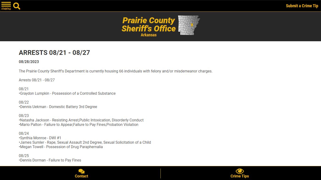 ARRESTS 08/21 - 08/27 (08/28/2023) - Press Releases - Prairie County ...